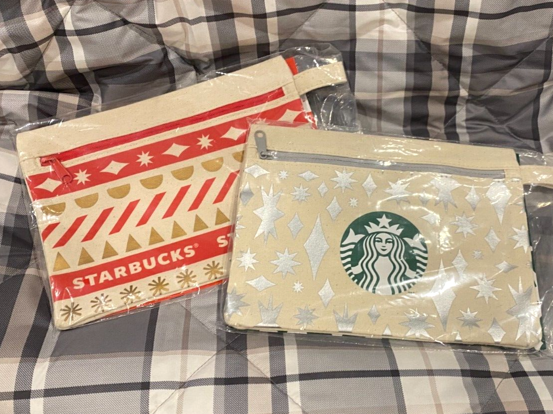 STARBUCKS JAPAN Set of 2 Canvas Zip Pouch Christmas Holiday New in