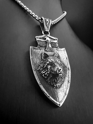 Wolf Fenrir Schutz Schild Wikinger Anhänger Edelstahl Kette Herren Biker KE202A