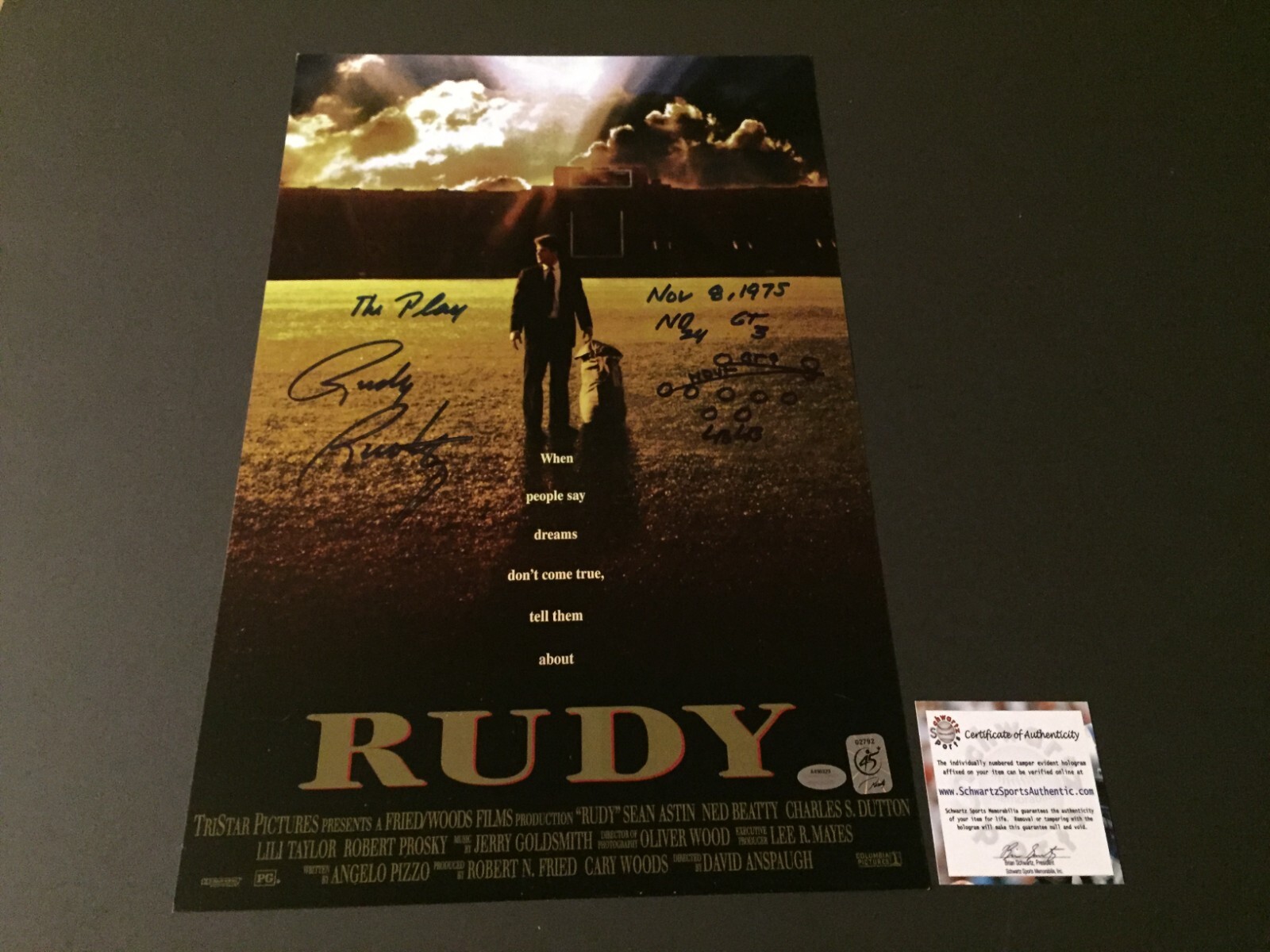 Rudy Ruettiger Autographed Signed 11x17 Rudy Movie Poster W / The Play Diagram - Schwartz 