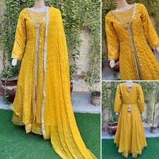 Pakistani Yellow double Long Maxi Style Embroidered Sequins Chiffon Dress,M