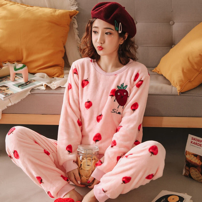 Women's Coral Fleece Pyjamas Soft Fluffy Twosie Pyjama Set Ladies