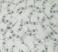 250 PCS WHITE SEW TAFFETA WOVEN CLOTHING NUMBER SIZE TAG LABEL - SIZE 3 - THREE