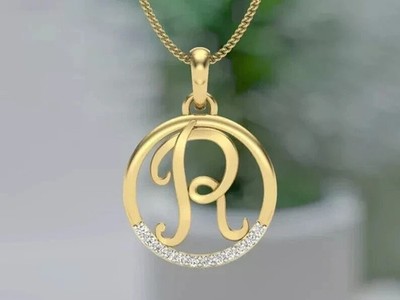 1Ct Round Lab-Created Diamond Letter ''R'' Pendant 14k Yellow Gold Plated