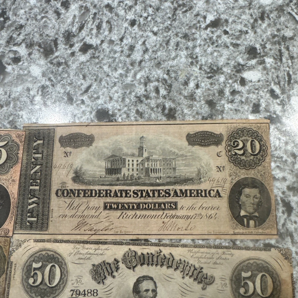 Lot of 5 1864 Confederate States of America $5 $10 $20 $50 $100 Notes  - Image 4 of 4