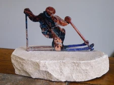 LAZART Multicolor Laser Art Metal Sculpture SKIER Mounted on STONE Free Ship