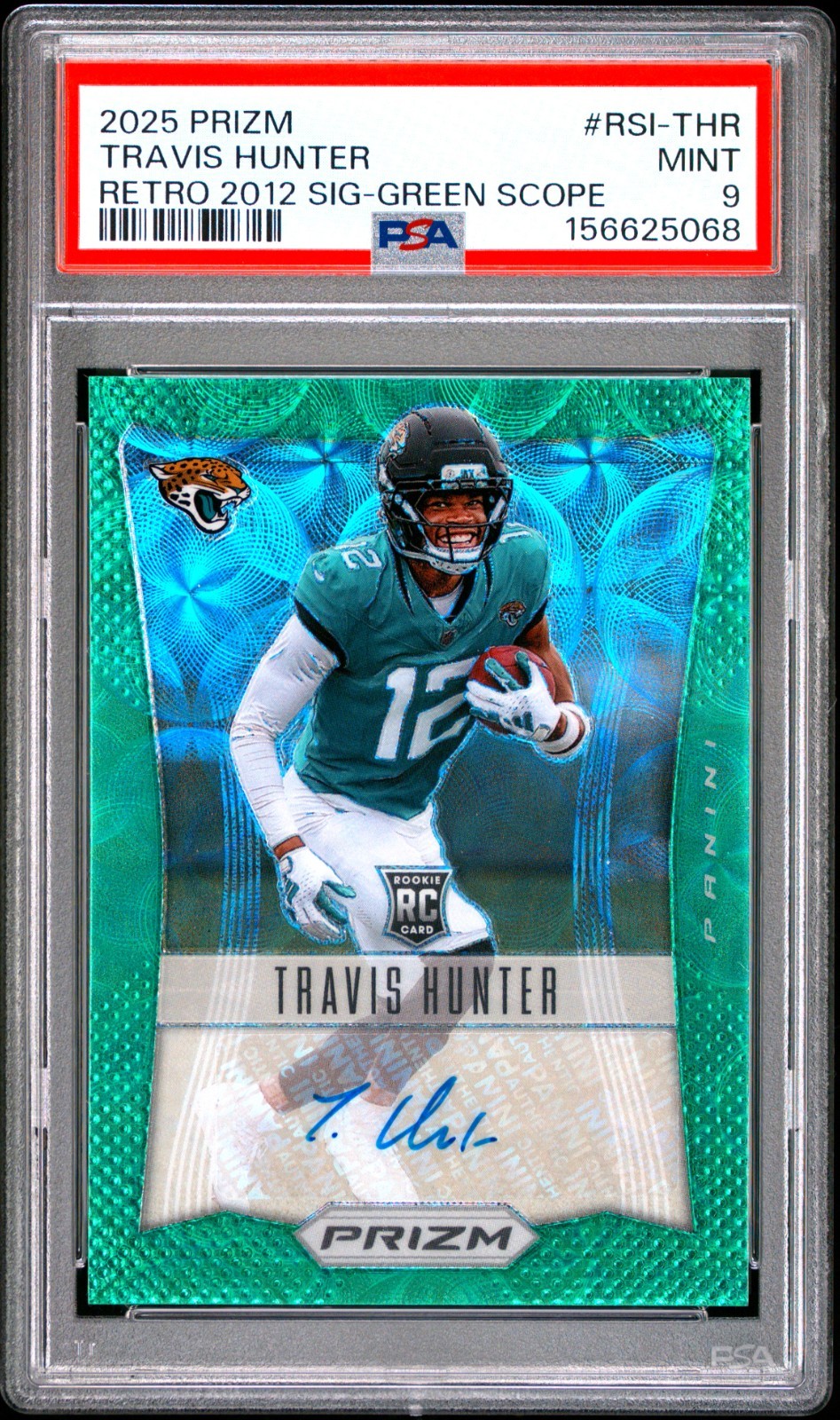 2025 Prizm Travis Hunter Retro 2012 Signatures RC Green Scope Auto #/75 PSA 9