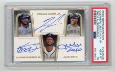 2023 TOPPS DEFINITIVE RONALD ACUNA VLAD GUERRERO JUAN SOTO TRIPLE AUTO PSA 10