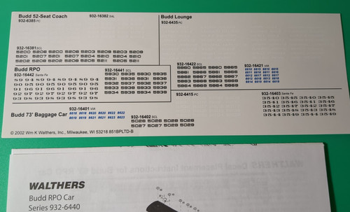 HO scale decals Walthers Budd RPO/ Lounge/Baggage/ Coach passenger cars