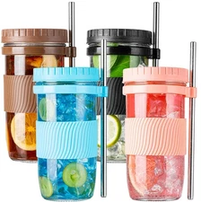 4 Pack Bubble Tea Cup, 24oz Iced Coffee Cups, Mason Jar with & Straws & 4 Air...