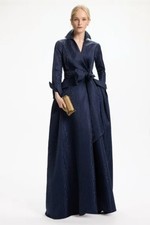 CH Carolina Herrera Moire Long Dress Coat With Sash Navy Blue Size 8 NWT