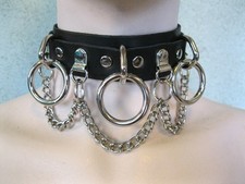 Black Leather Collar, Choker w/ 3 Large Rings  Chain