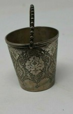 Ancien mini seau miniature persan gravé en argent 1 7/8" de haut avec poignée