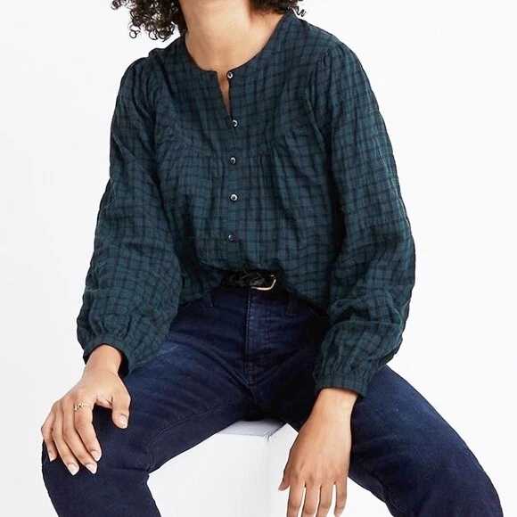 NEW Madewell Plaid Balloon Sleeve Peasant Top NWT S L Button Front