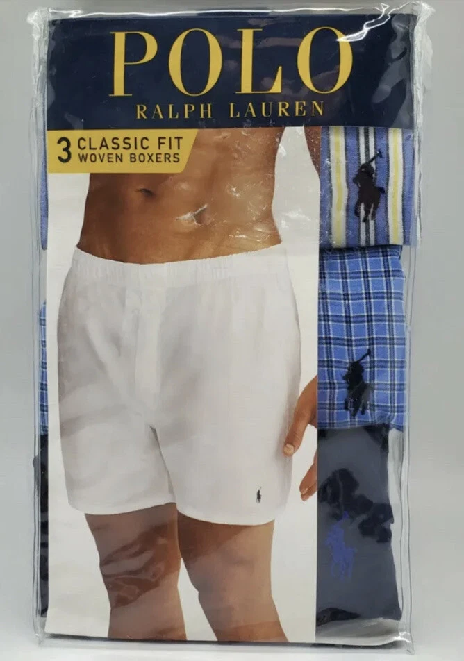 POLO Ralph Lauren 男式编织拳击手 3 件装 S M L XL 2XL 黑色蓝色 100% 棉 — 第 3/4 张图片
