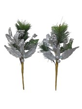 Christmas Floral Picks Berries  Leaves Greenery Silver Glitter 2 Picks 12  Long