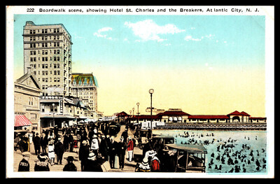 ATLANTIC CITY, Boardwalk & Hotel St. Charles & Breakers--Postcard G362