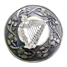 Fly Plaid Kilt Brooch Irish Harp Chrome Finish Unisex Adult Pin Jewelry 3" 7cm