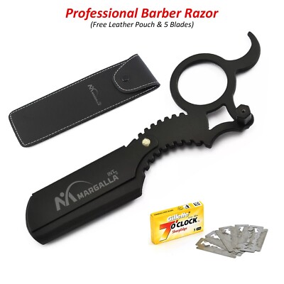 Professional Barber Finger Razor Straight Beard Head Shaving Cut Throat + Blades