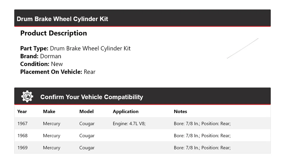 Kit de cilindro de rueda de freno de tambor trasero 1968 para Mercury Cougar Dorman 1967-1969 Foto 2 de 4