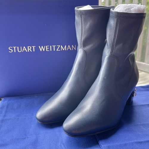 Stuart Weitzman AllShine 60 Bonito Calcetín de Cuero Azul Bota Tacón Bloque con Joyas 8.5 - Imagen 11 de 24