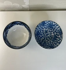 Japanese Rice Soup Ramen Bowls Blue And White Floral Leafy Set Of 2