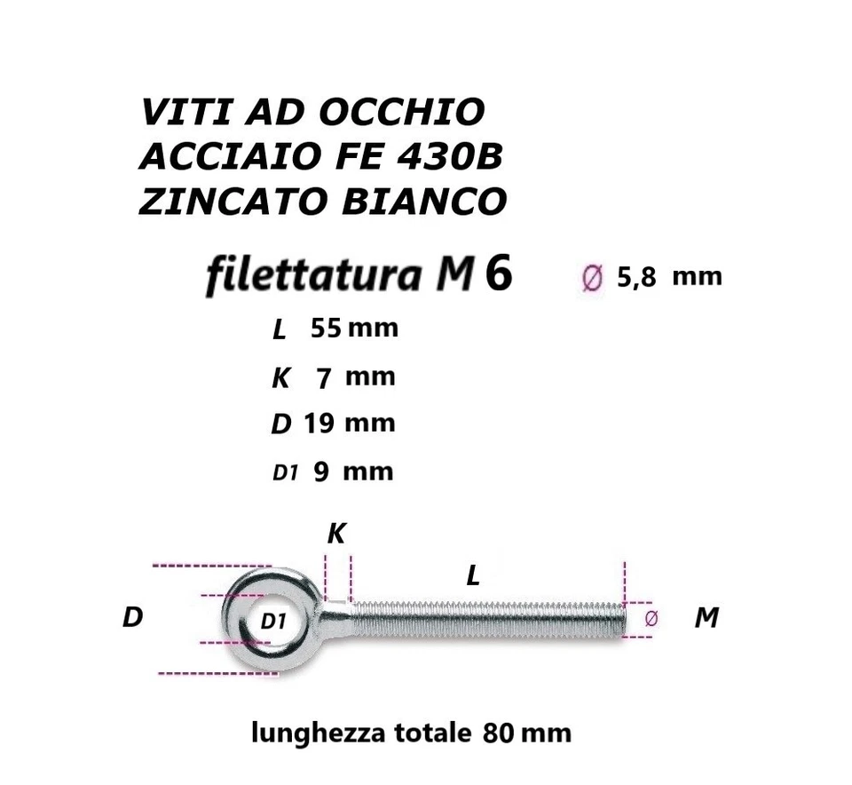 VITI OCCHIELLO PER TENDITORE TASSELLO OCCHIELLI M5 M6 M8 M10 M12 ACCIAIO ZINCATO - Immagine 4 di 4
