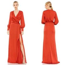 Ieena Mac Duggal Brick Orange Wrap Front Long Sleeve Satin A-Line Gown Sz 6 $398