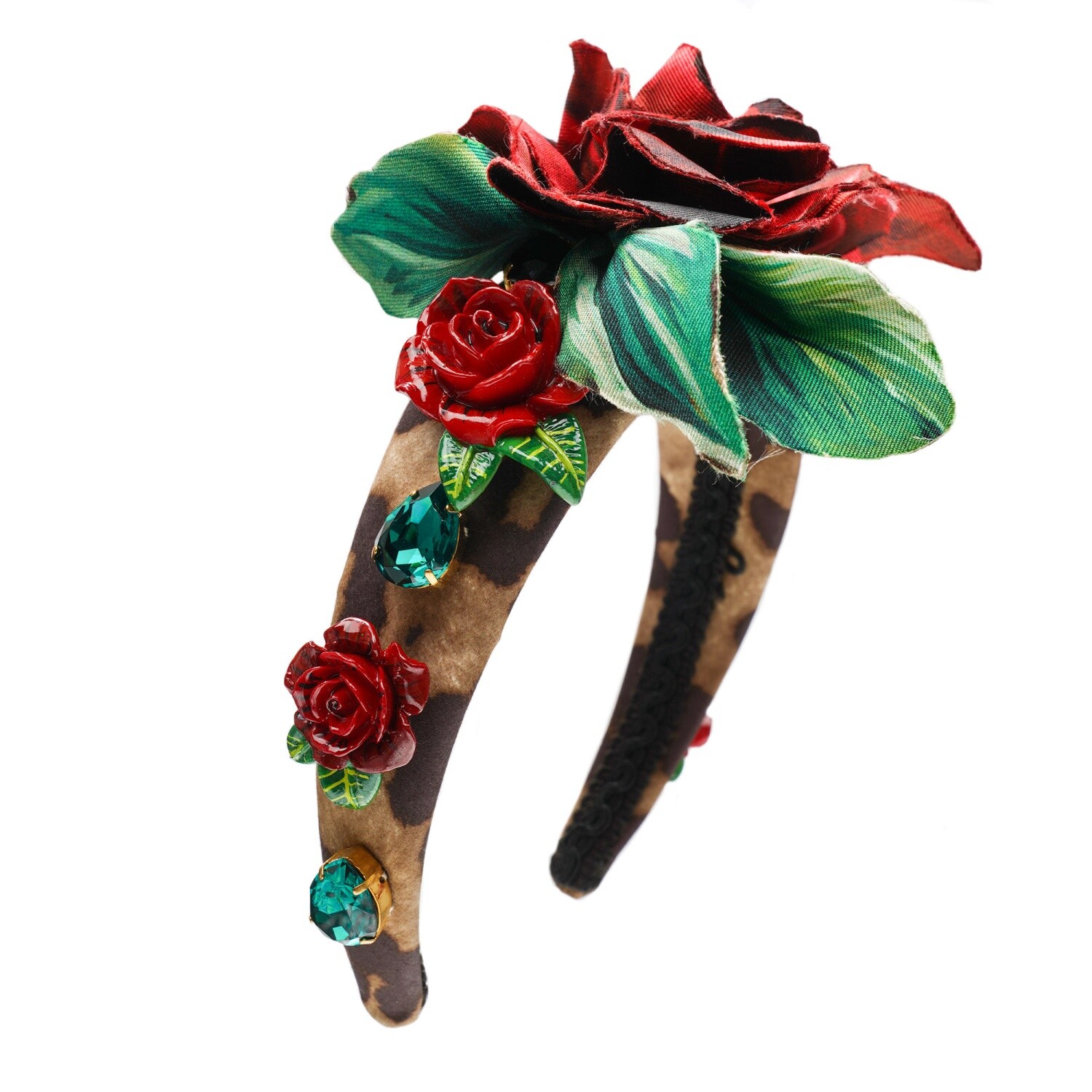 DOLCE & GABBANA Crystal Silk Rose Leopard Hairband Headband Tiara Brown Red