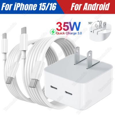 35W Dual USB-C Fast Charger PD Type-C Cable For iPhone 15 16 iPad Pro Samsung