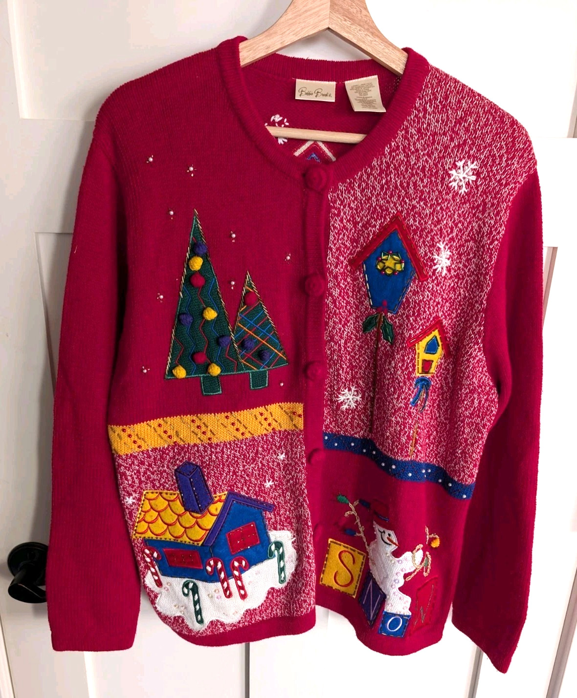 Vintage Christmas Cardigan Ugly Sweater Knit Womens L Embroidered Snowflake Bead