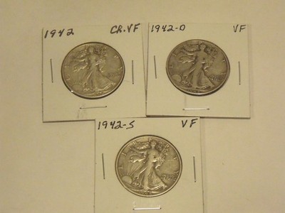 SILVER 1942-P-D-S  Silver Walking Liberty Half Dollars (3 coins) VF condition