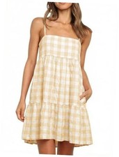 Womens Plaid A-line Dresses Shoulder Straps Ruffle Hem Small Apricot Yellow-1
