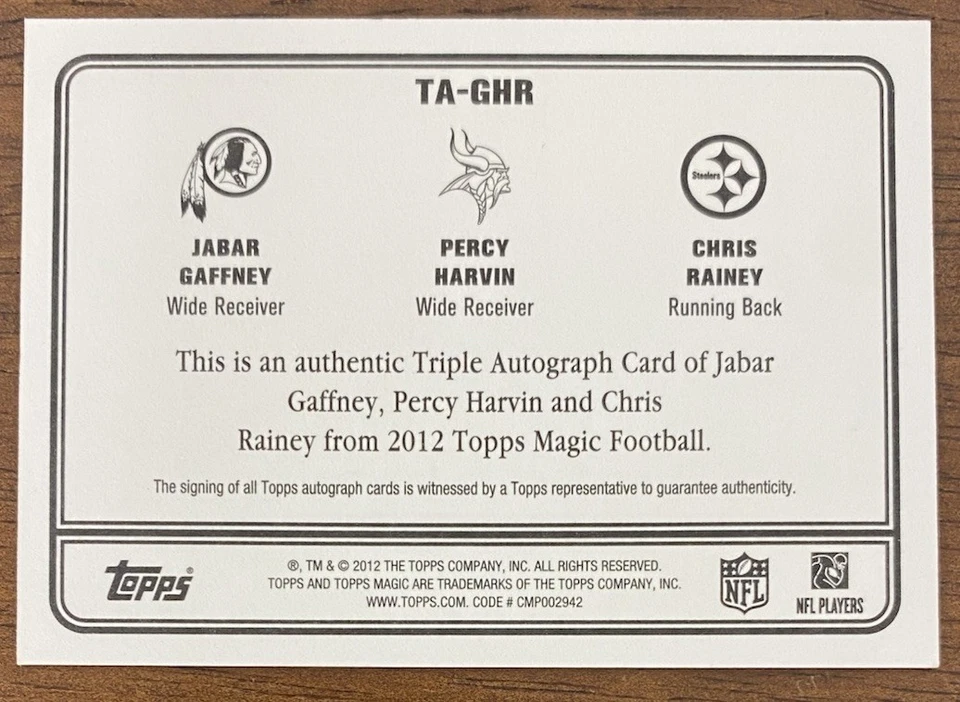 2012 TOPPS MAGIC TRIPLE AUTOGRAPH PERCY HARVIN,JABAR GAFFNEY,CHRIS RAINY/25 READ - Image 2 of 4