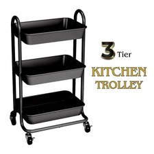 3 Tier Kitchen Trolley Table Black Wheels Slide Out Rolling Cart Office Bedroom