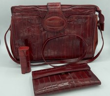 Vtg Genuine Red Burgundy Eel Skin Made In Korea Shoulder Bag Wallet Lipstick Set