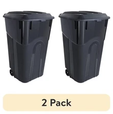 Heavy Duty 32 Gal Wheeled Plastic Garbage Can, Attached Lid, Black, 2 Pack