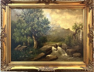 ANTQ c 1880 American School Large Victorian Era O/C Stream In Landscape, Signed!