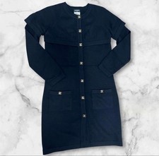 CHANEL Cashmere Knit Dress M Black Long Sleeve Coco Mark Button Authentic