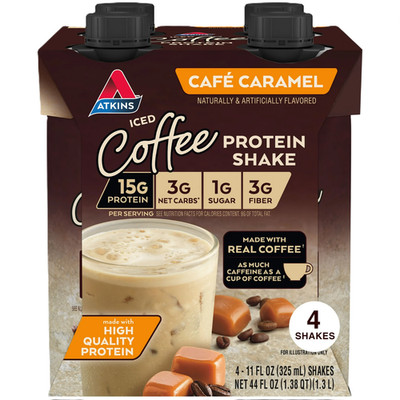 Atkins Protein Shake, Iced Coffee Café Caramel, 15g Protein, Caffeinated, 4 Ct