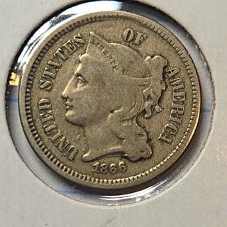 1866 U.S. Three Cent Nickel 3C Closed 3 Business Strike Philadelphia KM#94