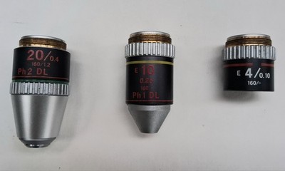 Nikon Microscope Objective Lens Set - E 4/0.10, E 10 Ph 1 DL, 20/0.4 Ph2 DL