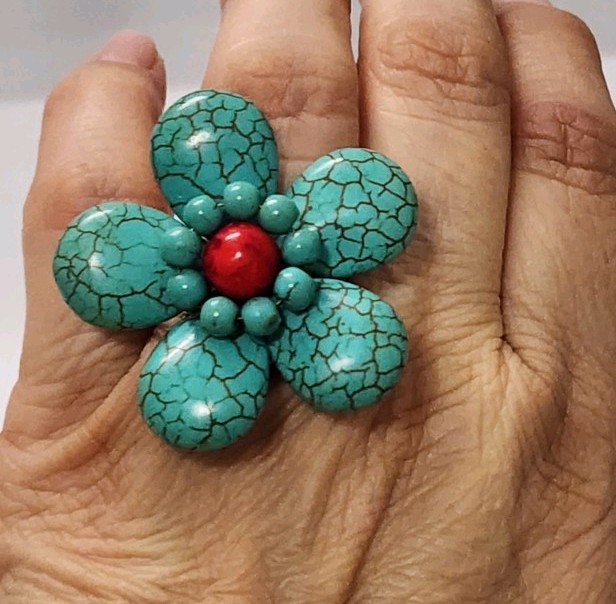 Turquoise Style Flower Statement Ring Red Center … - image 5