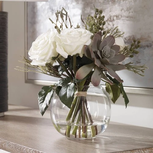 Potted Faux Artificial Cream Rose Green Succulent Flowers in Vase for Home Decor - Picture 1 of 5