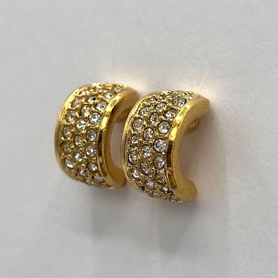 Christian Dior Earrings Gold Crystal Hoop Huggie Vintage 1980 Authentic Diamante - Image 2 of 4