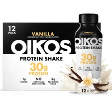 Oikos Protein Shake, Vanilla, 30g High Protein Drinks, 12 floz Bottle, 12 Count