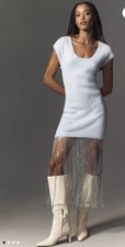 ANTHROPOLOGIE Fringe Trim Sweater Dress Sequin Light Blue MEDIUM NWT $198.00