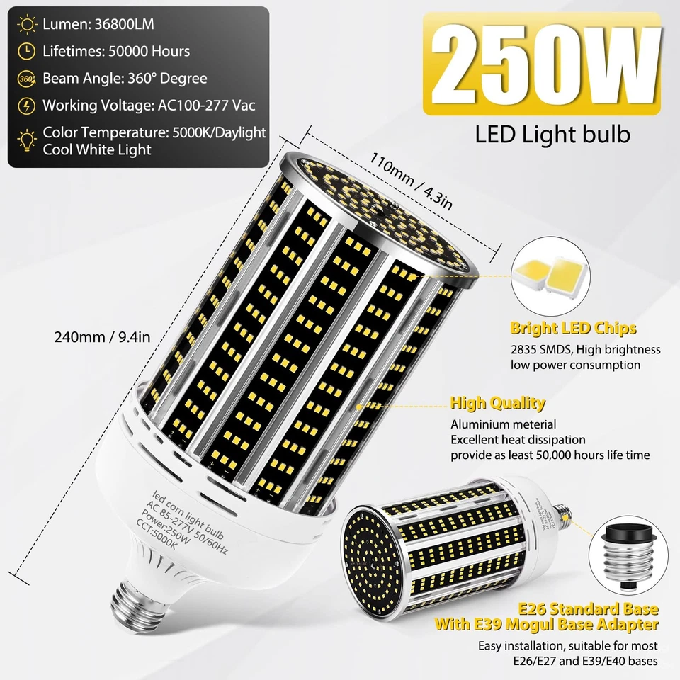 250W 2 pack LED Corn Light Bulb,(2500W Equivalent )Commercial Grade 36500LM D... - Image 3 of 4