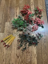 Vintage Christmas Plastic Flocked Craft Picks Candles Poinsettias Trees Holly Lo