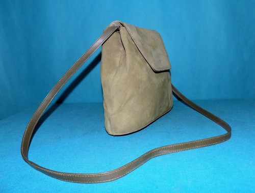 Small Bag CHARLES JOURDAN Vintage Leather Velvet Khaki Worn Shoulder Made France - Picture 2 of 8