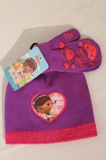 NEW Toddler Girls Beanie Hat Mittens Set Purple Disney Doc McStuffins Knit Cap